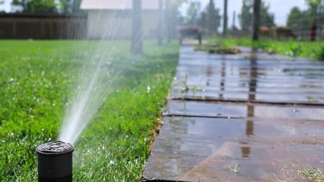 Garden sprinkler watering green lawn
