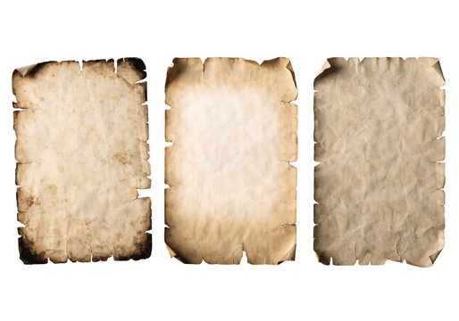 Three ancient weathered pieces of parchment paper with rough torn edges isolated on transparent background transparent background