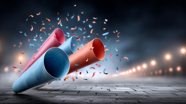 Colorful streamers fly from rolled papers during a celebration at a festive event