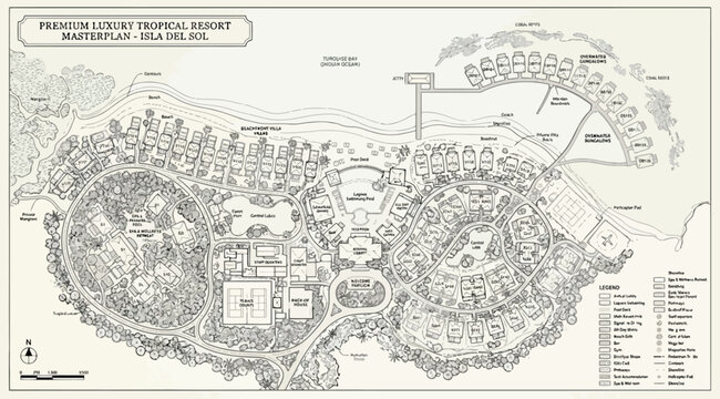 Technical master plan for a premium luxury resort development with villas, pool, and beach access