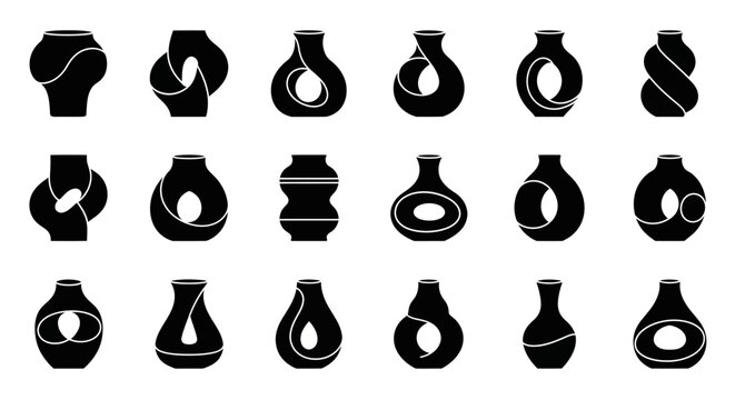 Vector illustration set of decorative vases and bottles with seamless patterns and silhouette design elements