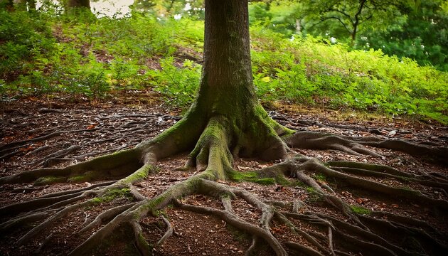 tree roots stretch out from the base of the trunk foliage leaves natural