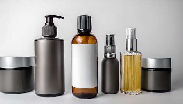 various cosmetic containers on white backdrop packaging design