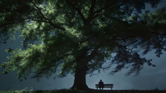 Person sitting on bench under large tree