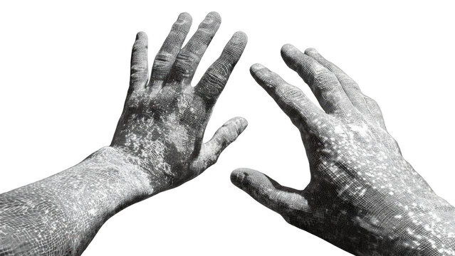 Abstract digital wireframe hands with glowing texture isolated on black background