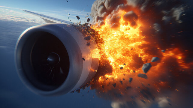 airplane jet engine explosion in flight, aircraft engine failure mid-air with fire, Dramatic aviation disaster concept with exploding turbine,generative ai