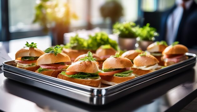 close up of sandwich platter in professional catering tray on office desk crisp textures soft window light shallow depth of field professional background