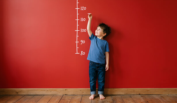 Adorable Little Boy Reaching Up to Measure His Height on Wall Growth Chart with Heart Decorations on Vibrant Red Background