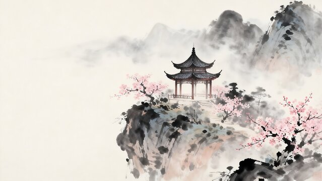 Traditional Asian landscape with pavilion