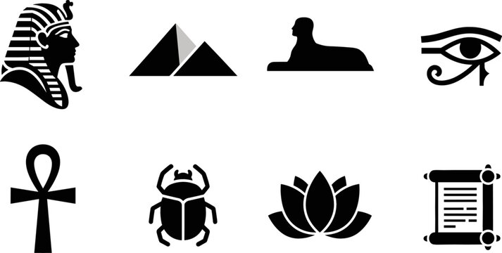 Ancient Egypt Silhouette Icon Set with Pharaoh Pyramid Sphinx Eye of Horus and Culture Symbols for History Graphic Designs
