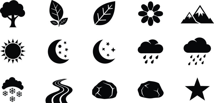 Nature landscape weather icons set with trees mountains sun stars elements