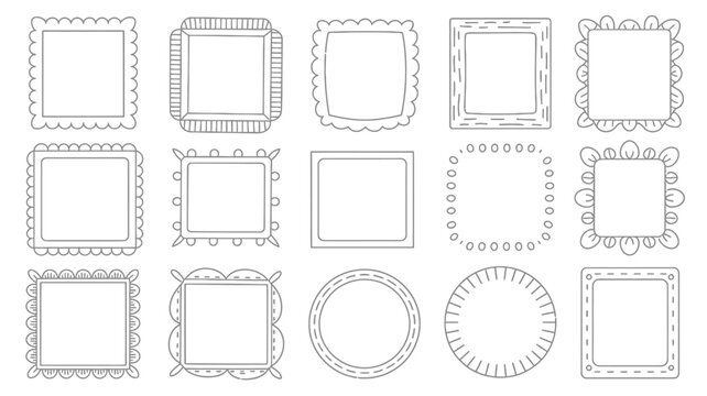 Collection Of Twelve Decorative Frame Shapes Black Line Vector Illustration On White Background frames border borders square rectangular circular oval scalloped