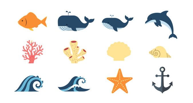 Marine life and ocean elements flat icons on transparent background