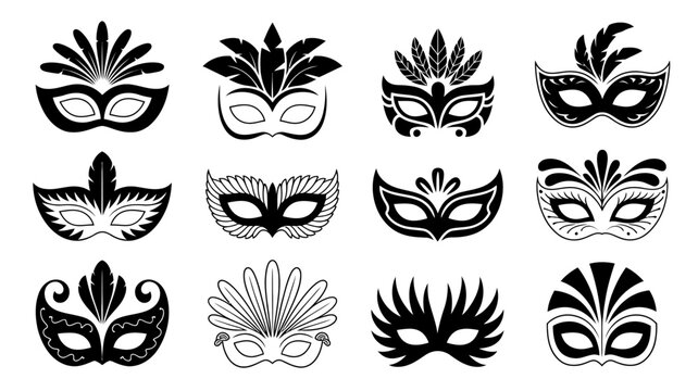 Collection Of Black Masquerade Masks Silhouette Vector Illustration On White Background carnival venetian costume ball party celebration festival disguise anonymous graphic