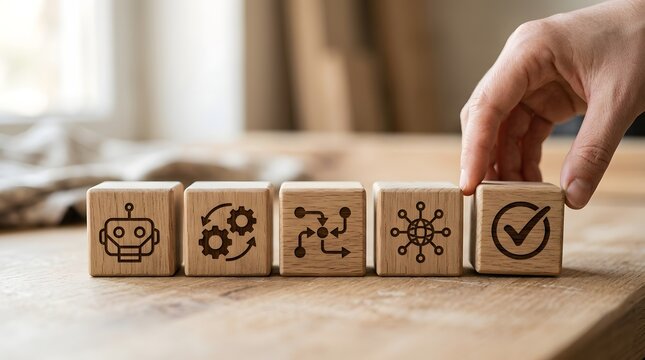 Automation and process flow with a completion check mark concept on wooden cubes.