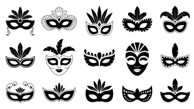 Twelve black venetian masks silhouette style on a white background carnival masquerade face costume party silhouettes black and white monochrome flat design vector