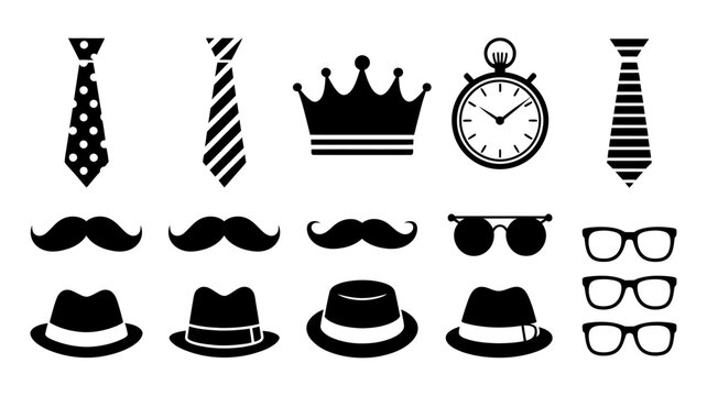 Collection Of Black Ties Crowns Pocket Watches Mustaches And Eyeglasses On White Background accessory adornment bow tie clothing crown decoration design