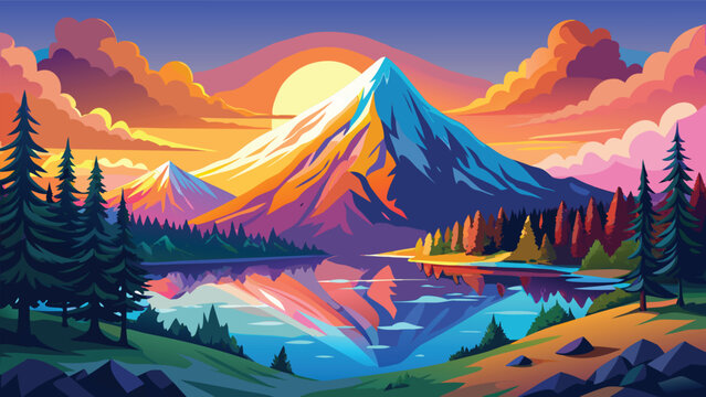 Colorful sunset over mountain peaks and calm lake with pine forest scenery Vector