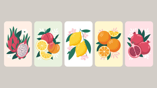 Illustrated fruit card set with vibrant colors and botanical details dragonfruit citrus lemon orange pomegranate peach nectarine tropical illustration vector flat