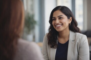 Obraz premium Professional woman smiling during conversation.