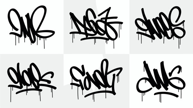 Graffiti style lettering designs on a white background showcasing urban art aesthetics typography street tagging handstyle calligraphy black ink abstract spray