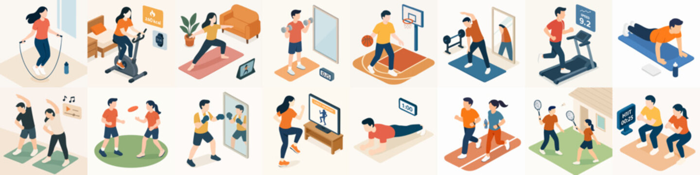 Isometric Collection of People Engaging in Diverse Home and Outdoor Fitness Activities Representing Healthy Lifestyles