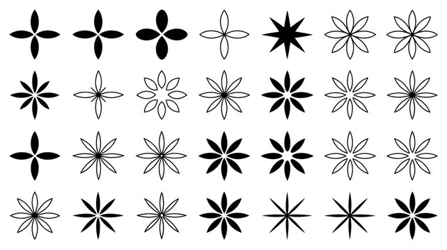 Floral ornament collection black and white vector illustration on a white background flower shape petal arrangement radial symmetry starburst pattern botanical