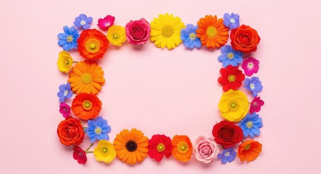 Veduta zenitale di vivaci fiori colorati sparsi con cura su un fondo rosa tenue, creando una composizione floreale fresca e allegra, boccioli, delicato, trama