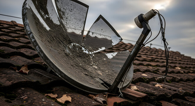 Broken satellite dish on a tiled roof, concept of outdated technology and signal loss. Useful for articles on communication breakdown or technological obsolescence.