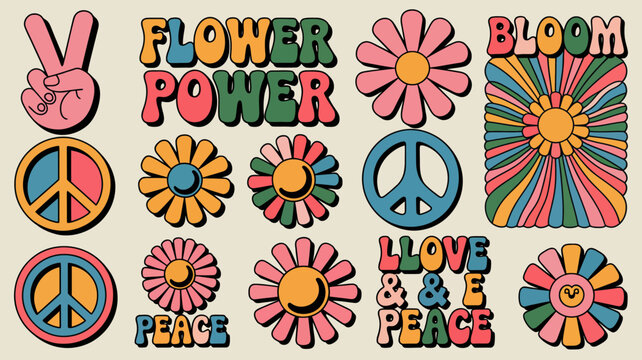 Retro Flower Power Pattern With Peace Signs And Hand Gestures floral ornament symbol sign victory gesture 1960s sixties vintage groovy psychedelic