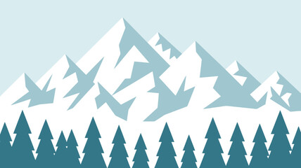 Mountain range and evergreen forest flat vector illustration with a light blue backdrop mountains mountainscape mountainous pine trees coniferous woodland landscape © DesignHub