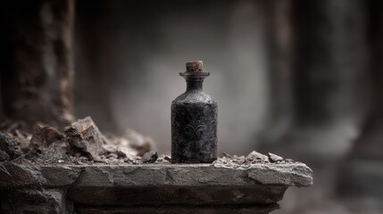Fototapeta premium Vintage glass bottle on stone ledge in rustic outdoor setting with blurred background