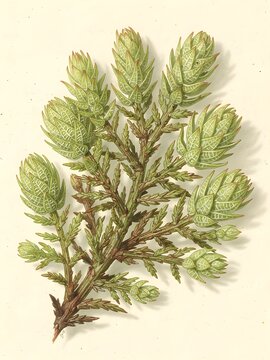 Clubmoss Botanical Specimen with Strobili on Foxed Parchment