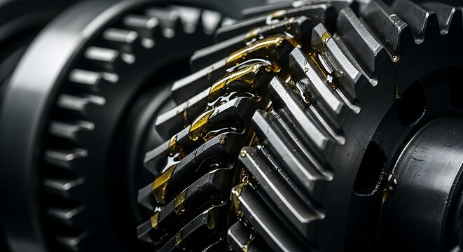 Close up of metal gear teeth coated in thick golden lubricating oil inside a mechanical machine part