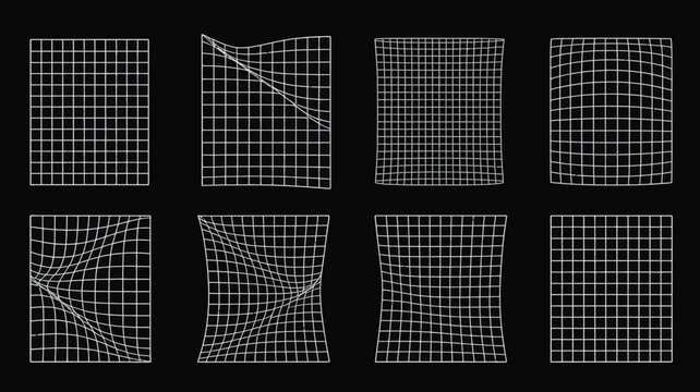 Distorted Grid Patterns On Black Background White Line Art grids gridlines square geometric geometry pattern distortion warped bending lines dark abstract