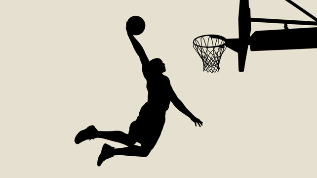 Basketball player silhouette against a light beige background capturing a dynamic dunking motion dunk sports athletic athlete competition game action movement
