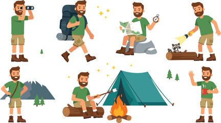 Man Hiking and Camping Adventure Vector Set Featuring Bonfire, Tent, Map Navigation, Backpacking, and Wildlife Spotting Illustrations for Outdoor Travel Designs © Abul