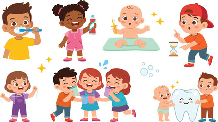Fototapeta premium Cute Toddlers and Kids Dental Hygiene Vector Set Featuring Brushing Teeth, Flossing, Teething Baby, Hourglass Timer, and Happy Tooth Character Illustrations for Health Designs