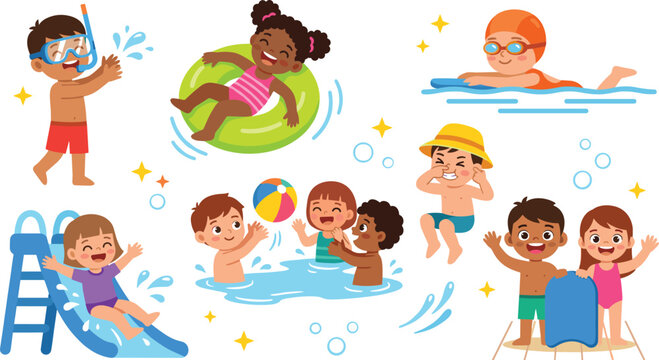 Cute Kids Swimming and Pool Activity Vector Set Featuring Pool Slide, Inflatable Ring, Snorkeling, Beach Ball, Kickboard, and Summer Vacation Illustrations for Children Designs