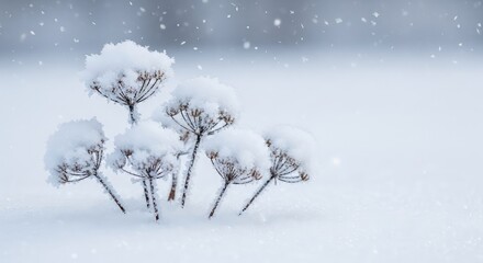 Fototapeta premium A detailed close-up of icy crystalline plants covered in fresh white snow while gentle snowflakes drift down during a quiet winter day, hoarfrost, stillness, outdoors