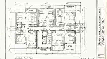 Architectural floor plan blueprint of a modern apartment tower residence with multiple bedrooms and living spaces © Saharia
