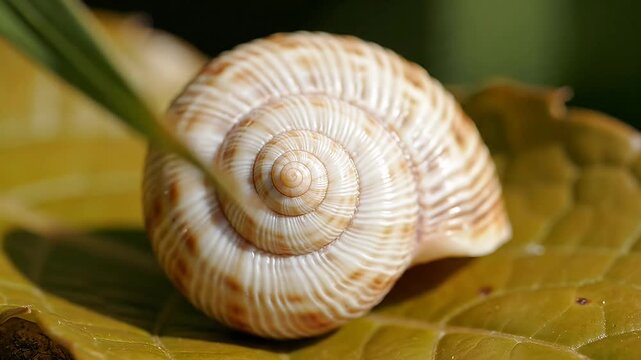 Close up of snail shell on yellow leaf with spiral texture