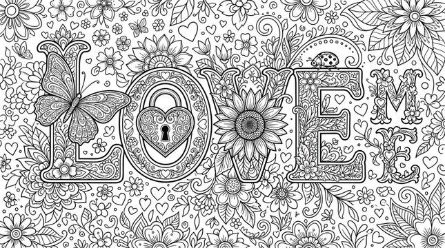 Intricate Love Word Typography Coloring Page Vector with Detailed Floral Patterns, Butterfly, and Heart Padlock for Adult Valentine Mindfulness Art