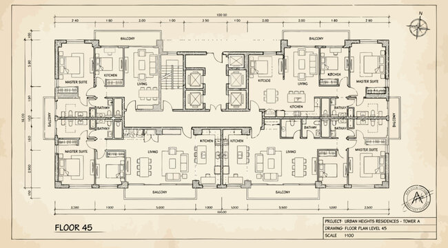 Vintage architectural floor plan blueprint of a residential apartment building tower on aged paper