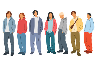 Obraz premium People, men and women, standing, front view, profile, different colors, cartoon character, group silhouettes, hoodie clothes, flat design concept, isolated on white background