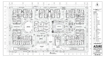 Detailed master plan of azure residential apartment complex with legend and site specifications © Saharia