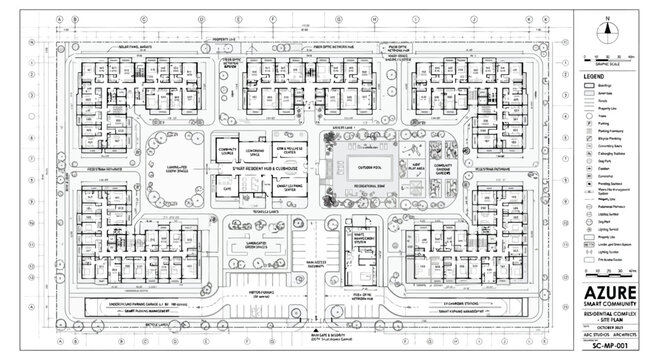 Detailed master plan of azure residential apartment complex with legend and site specifications