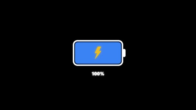 Animation of charging battery icon on black background showing progress from low red to fully charged blue with percentage best for tech videos, loading screens, and UI