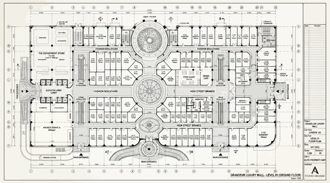 Architectural floor plan of a large commercial shopping mall complex
