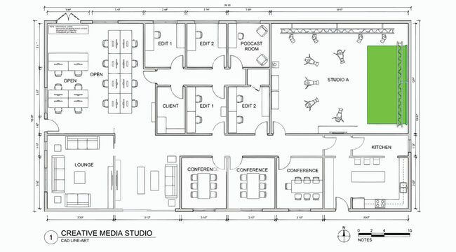 Floor plan of a creative media studio featuring editing suites and a production studio